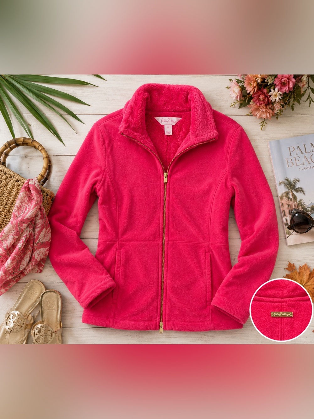 Lilly Pulitzer Grace Jacket XL Pomegranate Pink Fleece Full Zip Gold Hardware - Picture 2 of 10